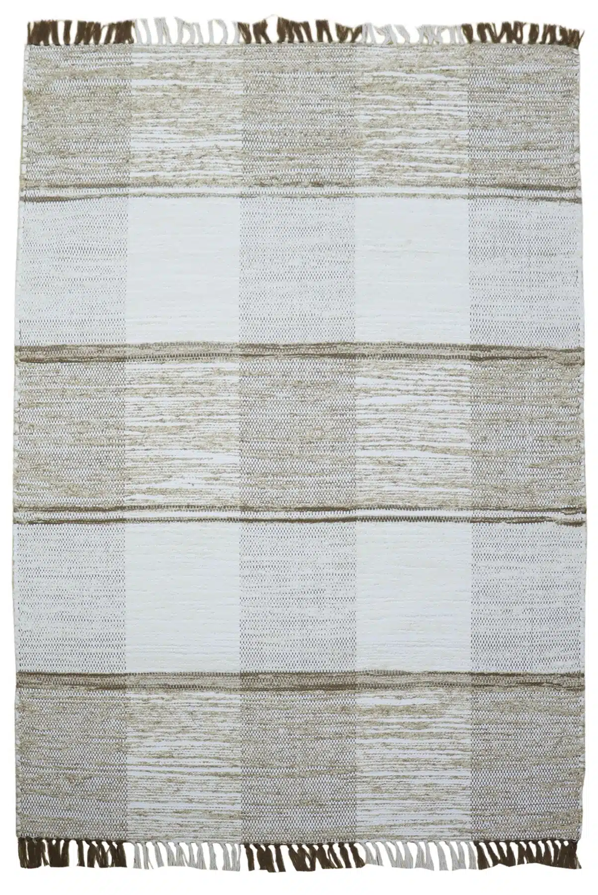 Luonnonvalkoinen/ruskea ruudullinen matto, Hapsut päissä. Koko 140x200cm